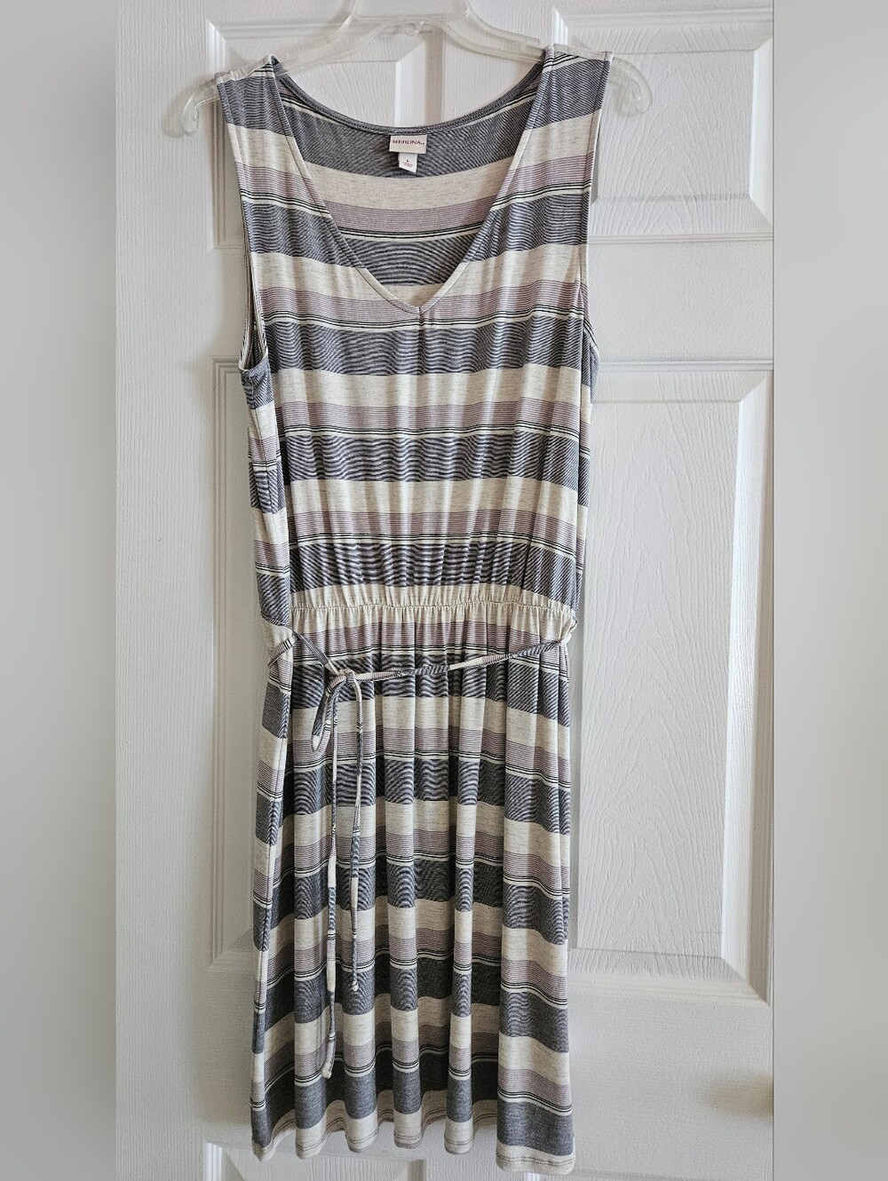 Merona Striped Sleeveless Midi Dress in Cream/Black/Purple S:Large